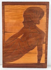 Antique Early 20th Century Nude Woman Wood Carved Incised Marquetry Panel 20" P