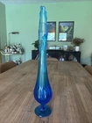 Vintage MCM Fenton Sapphire Blue Thumbprint Swung Vase, 15 Point, 19.5” Tall