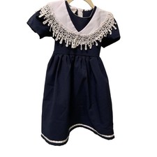 MY KIDS Vintage Short Sleeve Lace Collared Dress Back Tie Navy/White Girl Sz 4