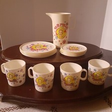 1991 Barbie for Girls Dinnerware Set 4 Plates, 4 saucers, 4 Cup and pitcher