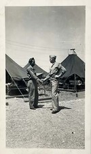 WW2 Era Photo U.S. GIs Shaking Hands Base Camp Tents