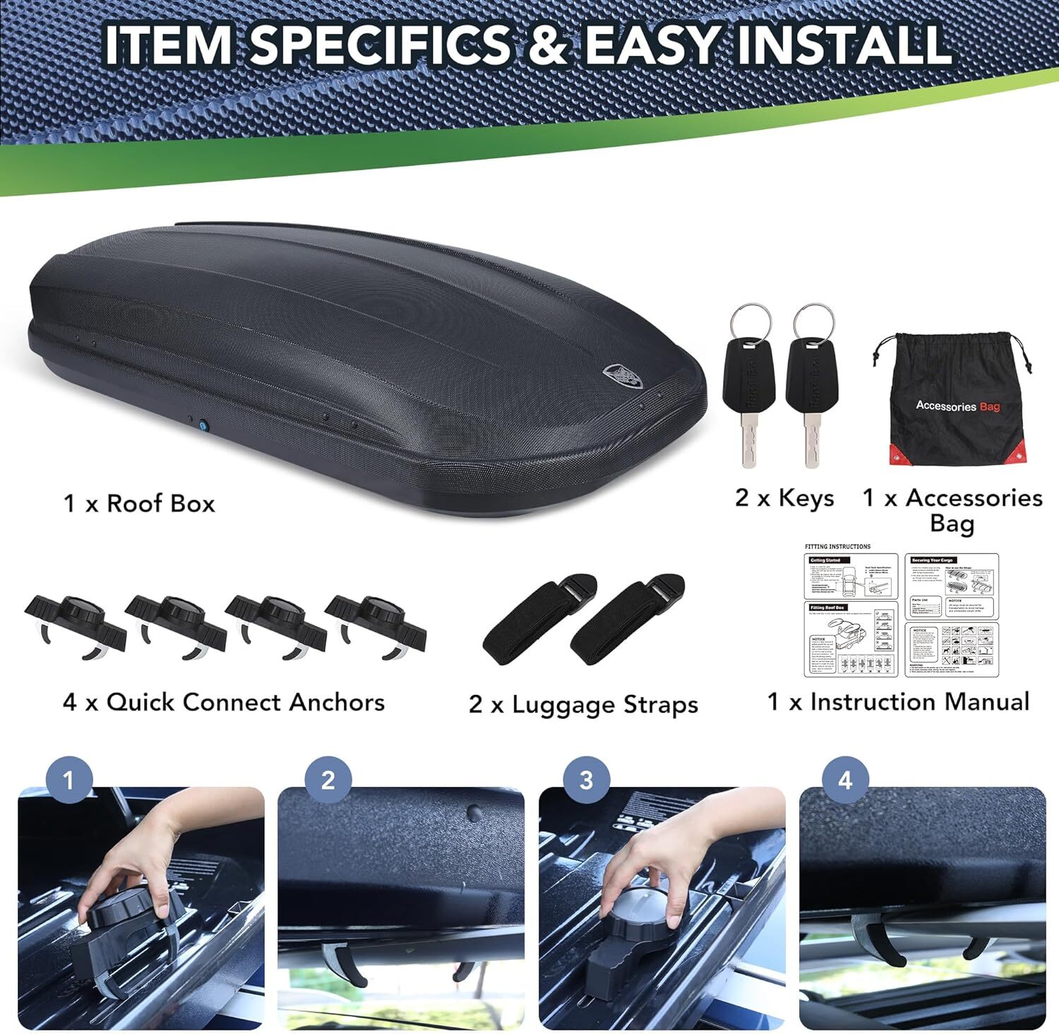 Car Roof Box Universal 12 Cubic Ft. Rooftop Cargo Carrier Roof Mount