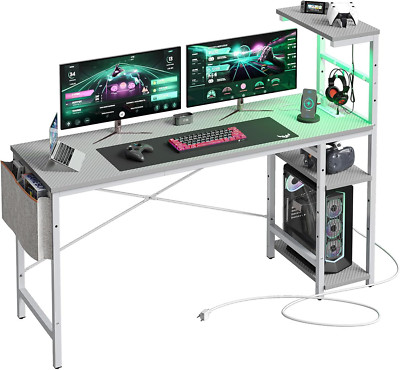Gaming Desk with Power Outlets, 61 Inch Large Led Gamer Desk with 4 Tiers Revers