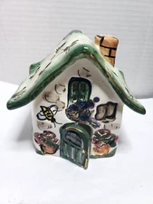 Blue Sky Clay works Whimsical Cottage Tea Light Candle House w/Leaf Plate