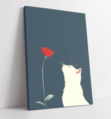 WHITE CAT WITH RED FLOWER ARTWORK -DEEP FRAMED CANVAS WALL ART PICTURE PRINT - Picture 1 of 2