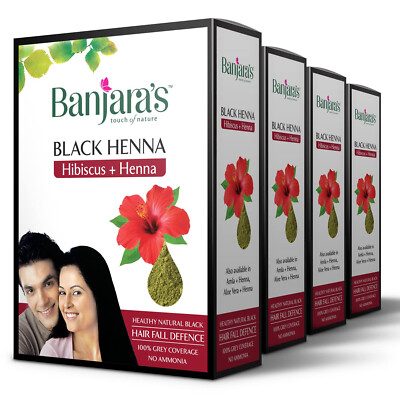 4 Box Banjara's Black Henna with Hibiscus -Natural Black Color -50G Each -Free S