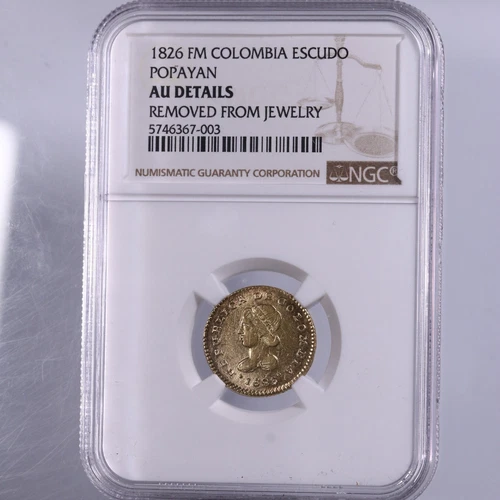 1826 FM Colombia Escudo Popayan NGC AU Details Removed From Jewelry