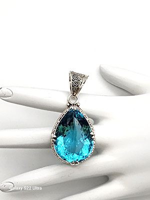 NEU MASSIV STERLINGSILBER 925 AUSGEFALLENER SCHLIFF BLAUTOPAS QUARZ EDELSTEIN ANHÄNGER 30 GR