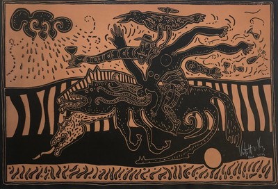 VICTOR HUGO NUNEZ Chilean Mexican artist signed original unique proof woodcut