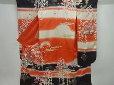 23936# JAPANESE KIMONO / ANTIQUE FURISODE / SILK / EMBROIDERY / FLORAL CART