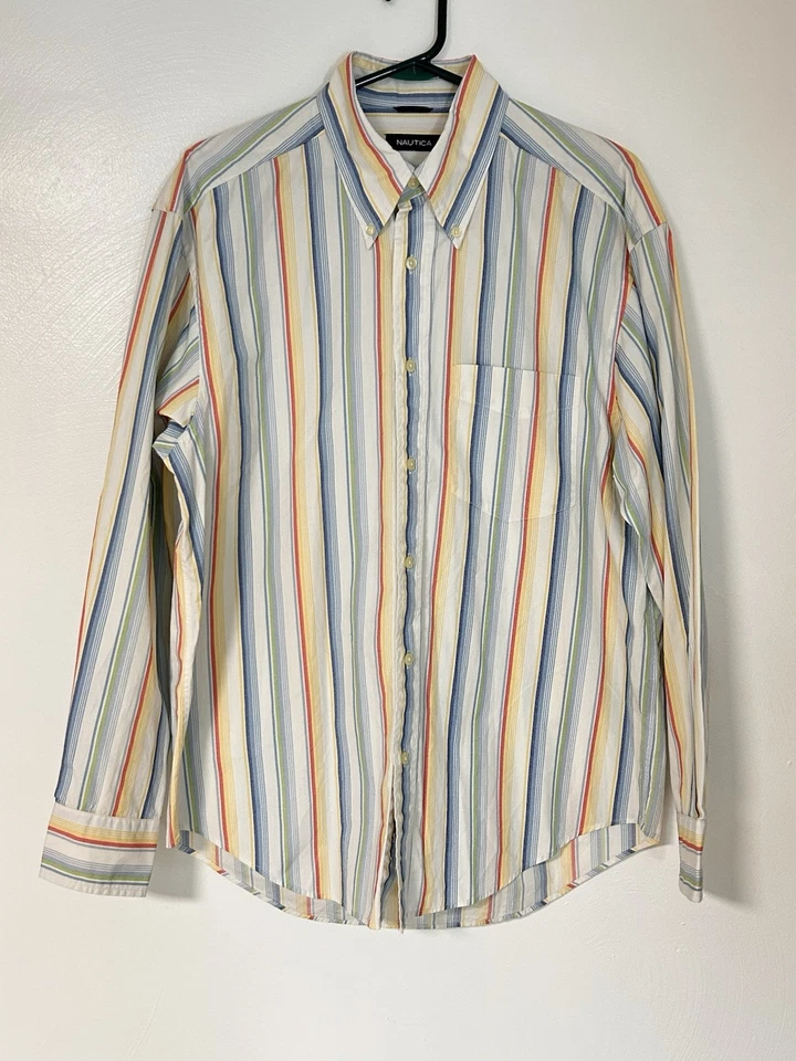 Nautica Button Down Men’s White Rainbow Stripe Classic Preppy Medium - Image 2 of 4