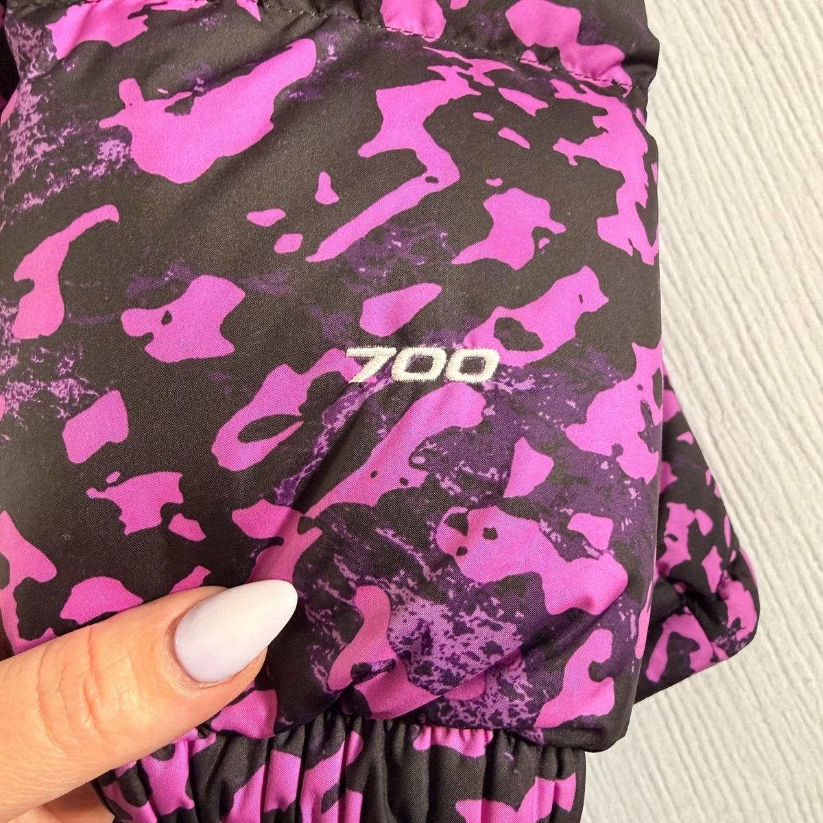 The North Face Girls XL 700 Down Full Zip Camo Puffer Jacket Pink/Black Nylon