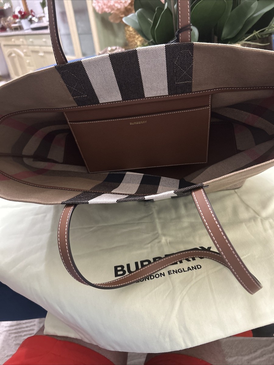 Burberry 8084047 Taupe Brown Bag Tote London Cotton Plaid Shoulder