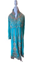 Anarkali Kurta Embroidered Indian Ethnic Turquoise Gold Dress Full Skirt M/L