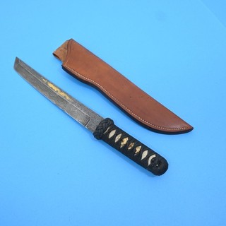 CUSTOM DAMASCUS RAYSKIN UNMARKED IMPRESSIVE TANTO W/GOLD INLAYS & MENUKI