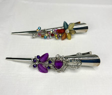 Vtg Style Rhinestone Floral Filigree Hair Clips Set of 2 Multicolor Crystals