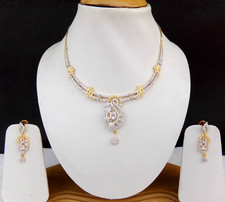 Indian Bollywood Bridal Set 2 Tone Plated Jewelry Earrings CZ Ethnic AD Necklace