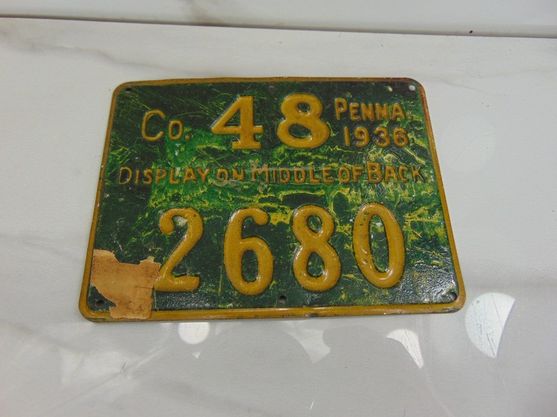 VERY RARE ANTIQUE  48 County 1936  Penn.  Metal HUNTING LICENSE 9674