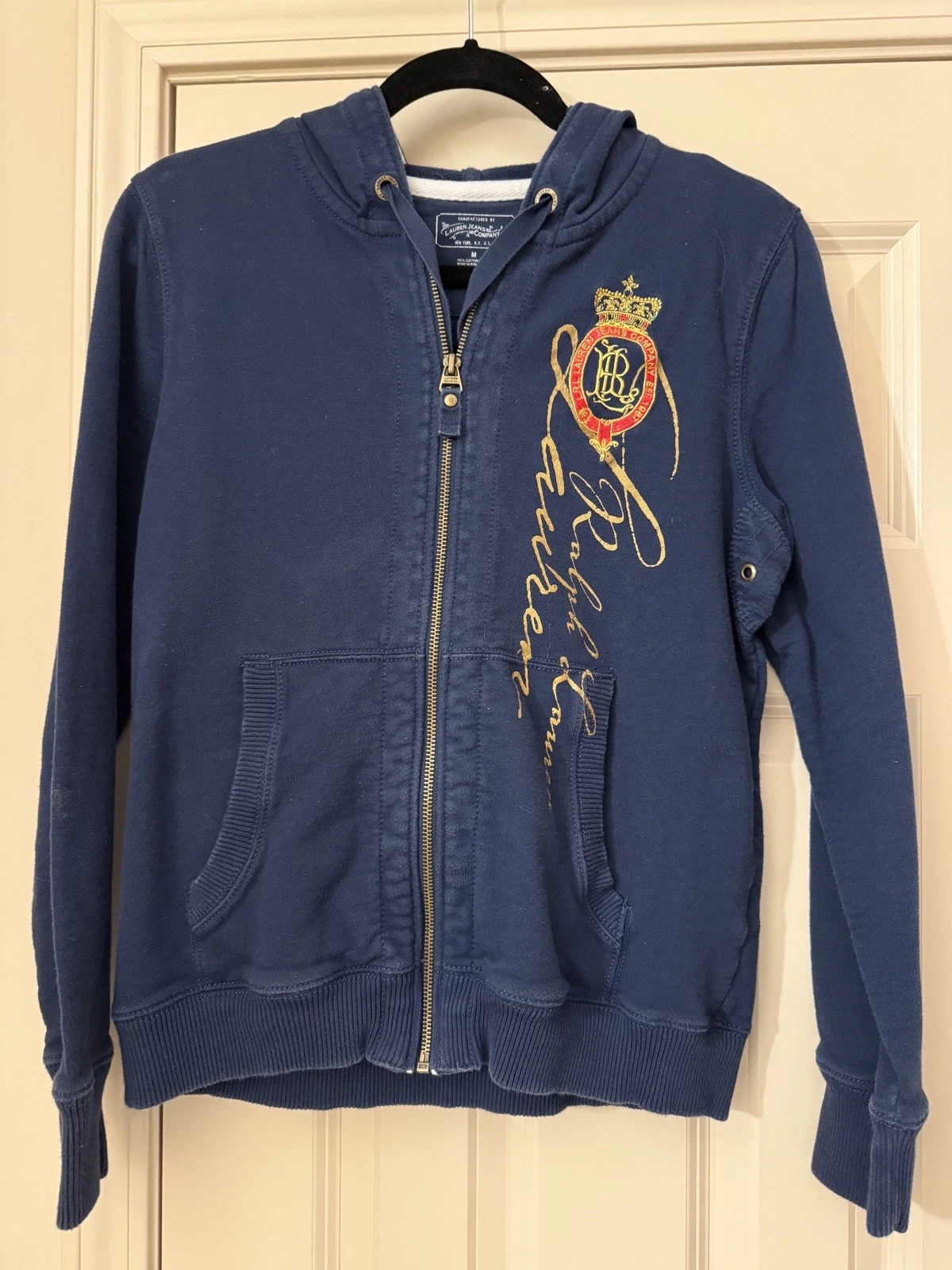 Lauren Jeans Co Hoodie Navy Blue Cotton Embroidered Crown Chest Logo M Women's