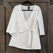 CLARA SUN WOO Women's White Side Tie Tunic Textured Blouse Large Made in USA