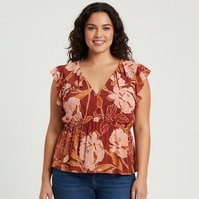 DR2 by Daniel Rainn Floral Ruffle Peplum Blouse Terracotta Large