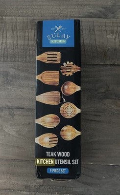 Zulay Kitchen 9-Piece Teak Wood Cooking Utensil Set   9 Piece, Brown