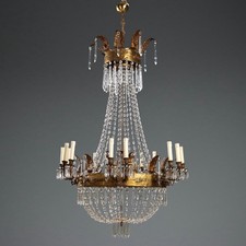 Lampadario a Mongolfiera Antico Metallo Dorato Vetro Italia XIX Secolo Originale