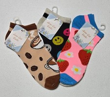 NEW "Fun Socks" 3 Pair Coffee, Emoji and Strawberry Pattern Low-Cut Socks