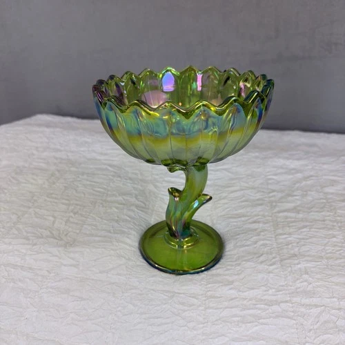 Vintage Indiana Iridescent Green Carnival Glass Lotus Blossom Compote Candy Dish