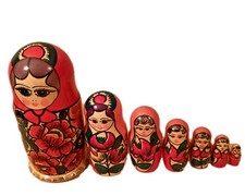 Vintage Russian Matryoshka Nesting Dolls Set of 7 Hand-Painted Red Floral