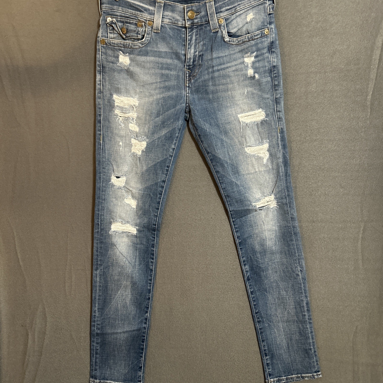 True Religion Men Rocco Distressed Skinny Fit Jeans Rips Size 34x34 Flap Pockets