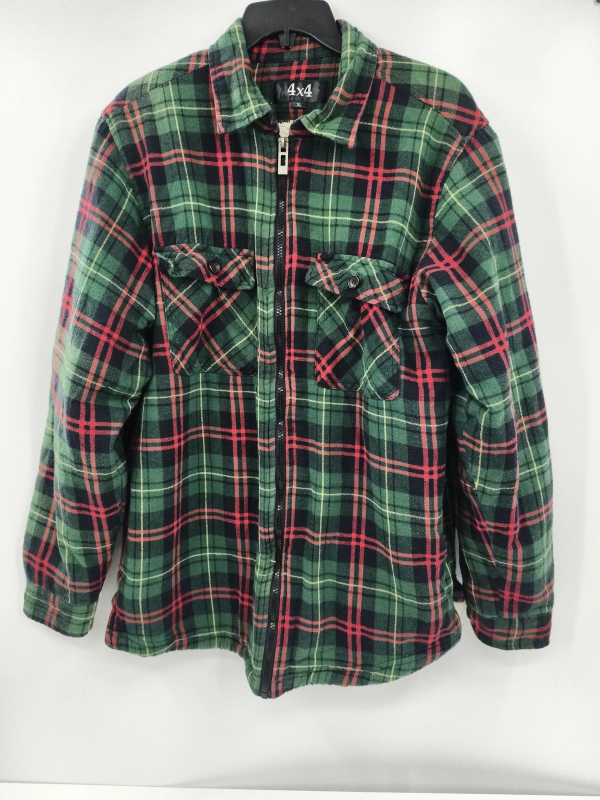Vintage 4x4 Jacket Mens XL Green Plaid Bomber Lined Sherpa Full Zip Insulated
