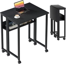 Folding Desk Small Rolling Desk with Storage Shelf,31.5 Inch Foldable Computer D