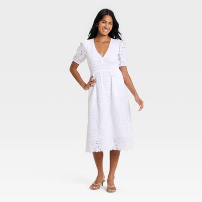 Women's Puff Elbow Sleeve Eyelet Midi Empire Waist Dress - A New