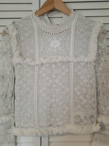 LoveShackFancy Beline Ivory Lace Inset Cotton Long Sleeve Blouse XS - Picture 2 of 6