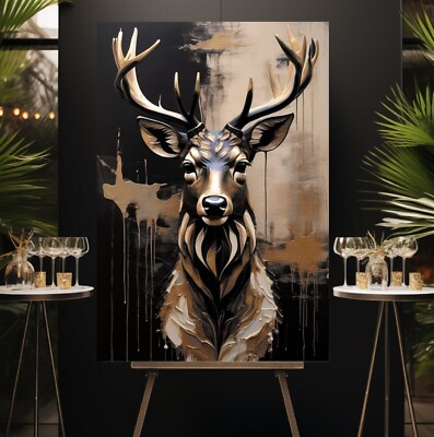 XL LEINWAND BILD BIS 125x80x5 HIRSCH SCHWARZ-GOLD-OPTIK MODERN TIERE WANDBILD