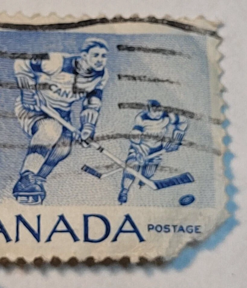 Franqueo de Canadá ~ HOCKEY SOBRE HIELO ~ Sello de 5¢ azul y blanco ~ Usado/Publicado ~ 1956 Foto 3 de 4