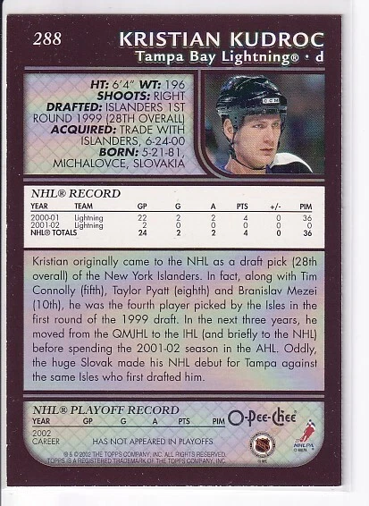 2002-03 O-Pee-Chee Prospects #288 Kristian Kudroc Tampa Bay Lightning - Image 2 of 2
