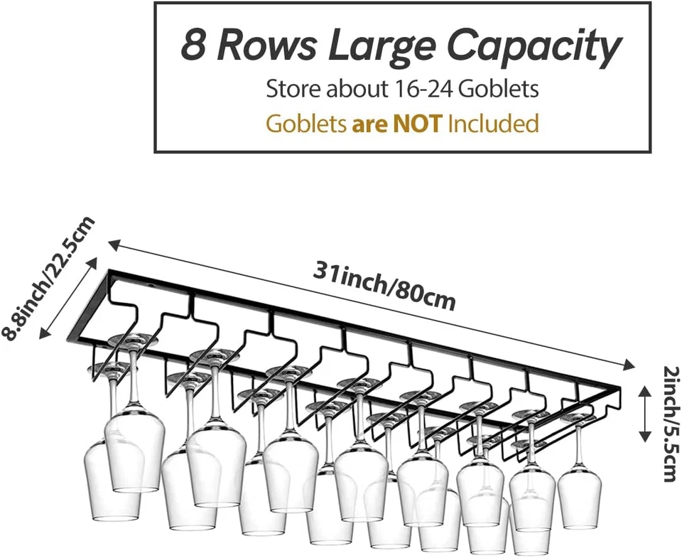 Estante para copas de vino debajo del gabinete, colgador de vajilla extremadamente grande de 8 filas, metal vino G Foto 2 de 4