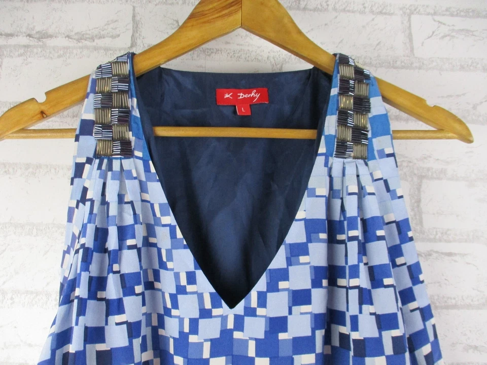 K Derhy womens a-line dress blue print silk beaded v-neck L - Image 2 of 4