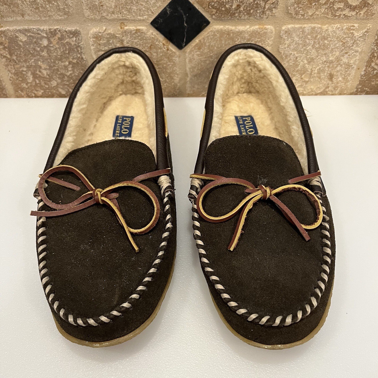SAOLA Polo Ralph Lauren Uomo 12 Mason II Mocassino Pantofole Marroni Pelle In Gomma Moc