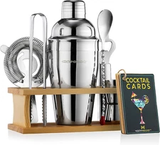 Mixology Bartender Kit | 8-Piece Silver Cocktail Shaker Set with Pine 