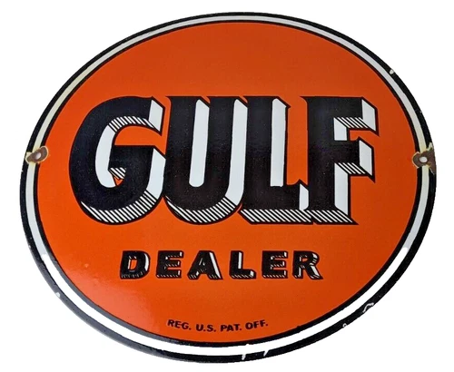 Vintage Gulf Gasoline Sign - Heavy Service Station Gas Pump Plate Service Sign