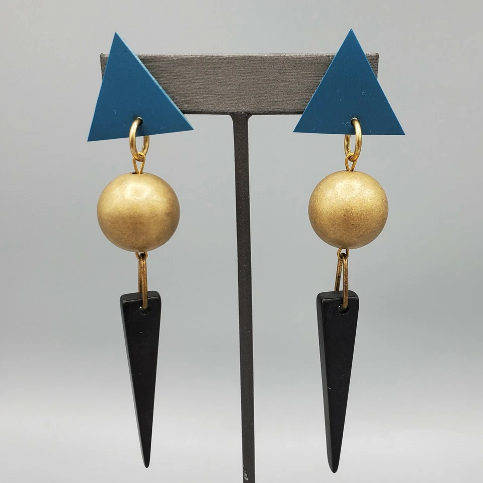 Pendientes colgantes colgantes de alta costura de los años 80 geométricos azules negros dorados Foto 3 de 4