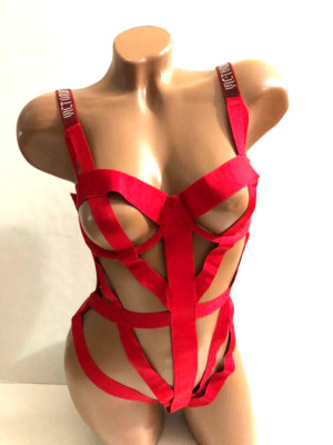 Victoria s Secret Shine Strap Luxe strappy Banded Caged Teddy Lingerie Red NWT