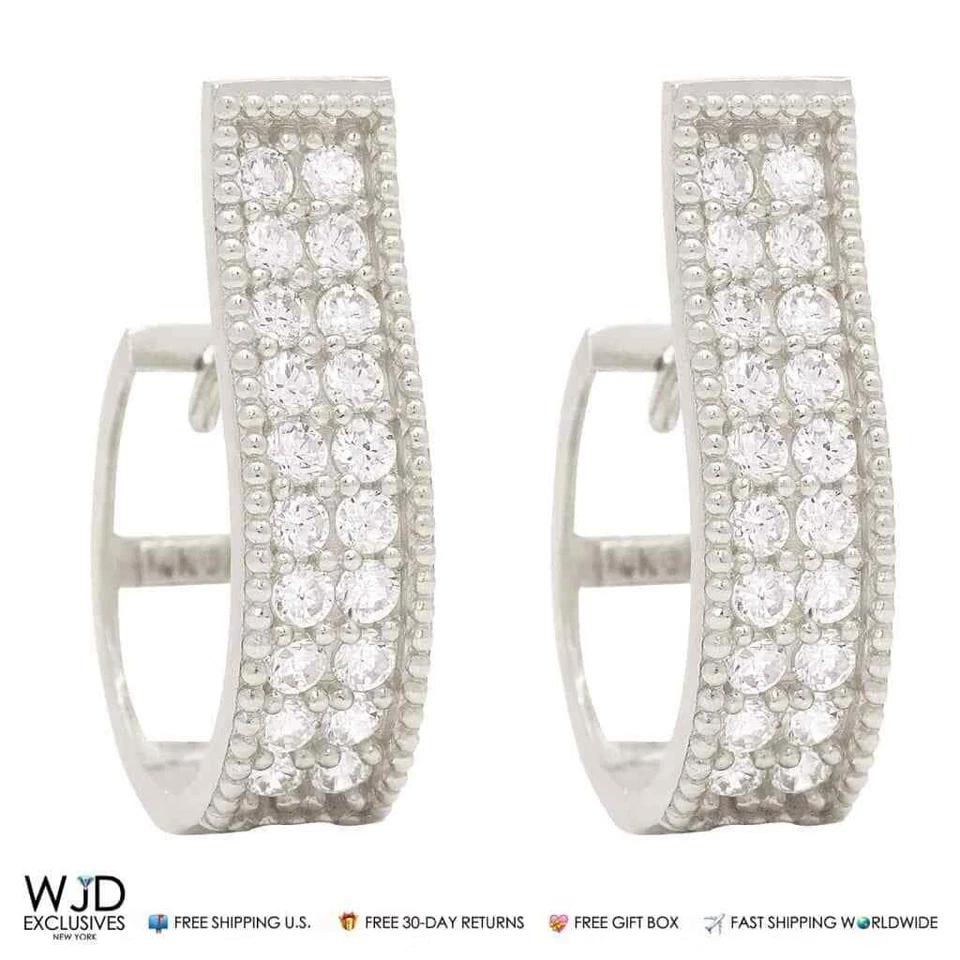 0.80Ct Double-Row Huggie Hoop Earrings 14K White Gold 0.7" - Image 3 of 4