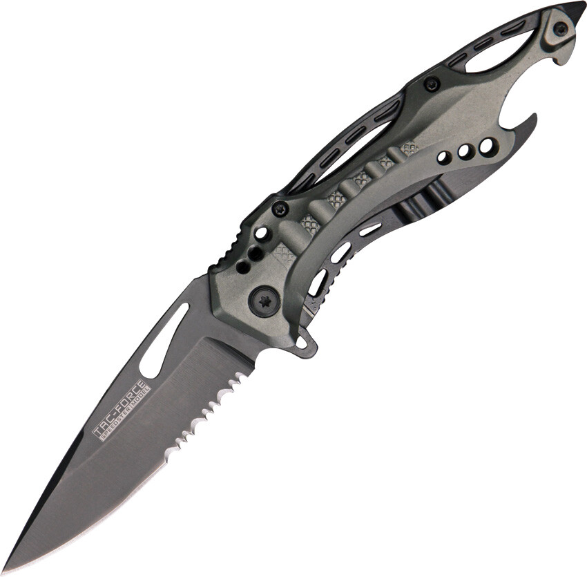 Tac Force TF-705GY Taschenmesser | Mit Halbgezahnter Klinge (8,3 Cm) | Aluminium-Griff | Inkl. Dosenöffner & Gürtelclip | Größe L