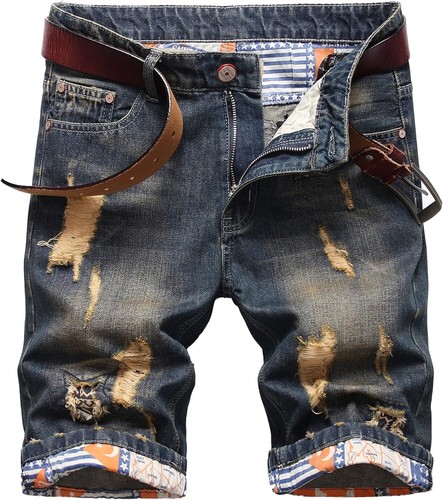 Men's Ripped Denim Shorts Casual Distressed Cotton Loose Fit Summer Breathable - Picture 11 of 33