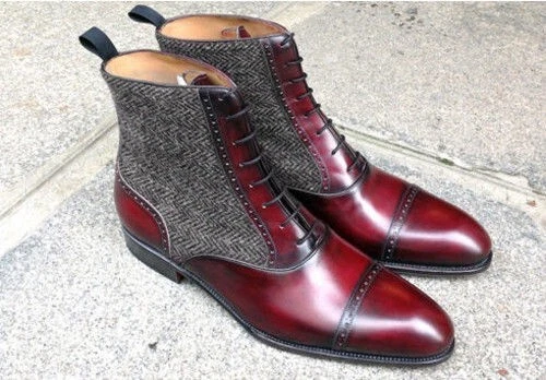 Mens two toned Cap Toe Boots Ankle Burgundy Leather Tweed Formal Dress Boot 7-17