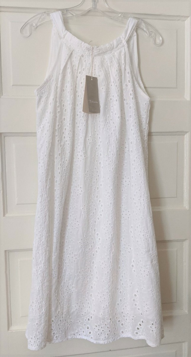 Large WHITE Eyelet Lined Shift Dress Halter Top Bow tie ITALIAN comfortable  NWT